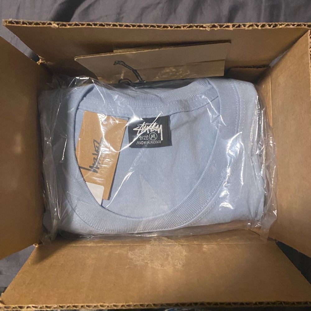 brand new light bleu stussy tee